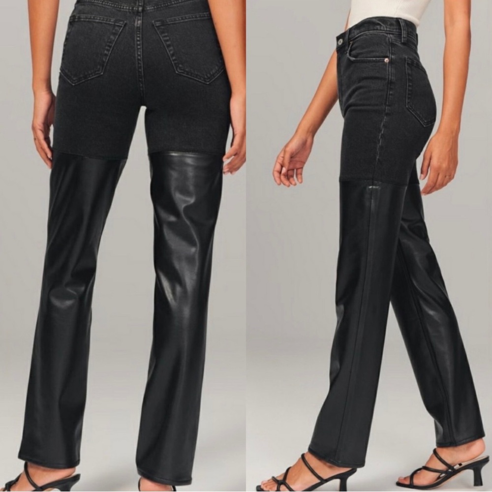 Abercrombie & Fitch NEW 90s Straight High-Rise Jeans Faux Leather Panels Sz 28 6